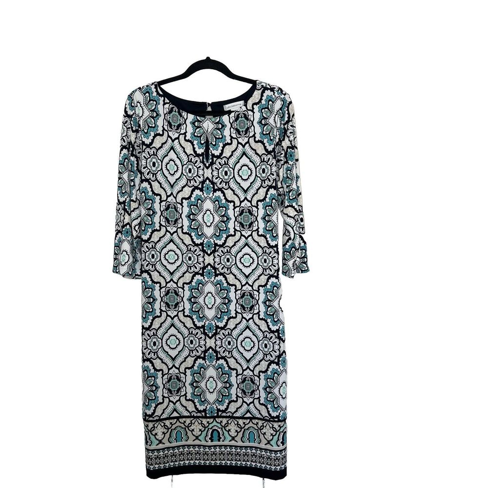 Liz Claiborne Dress Women's XL Blue Paisley Belt Midi Boho Hippie Festival